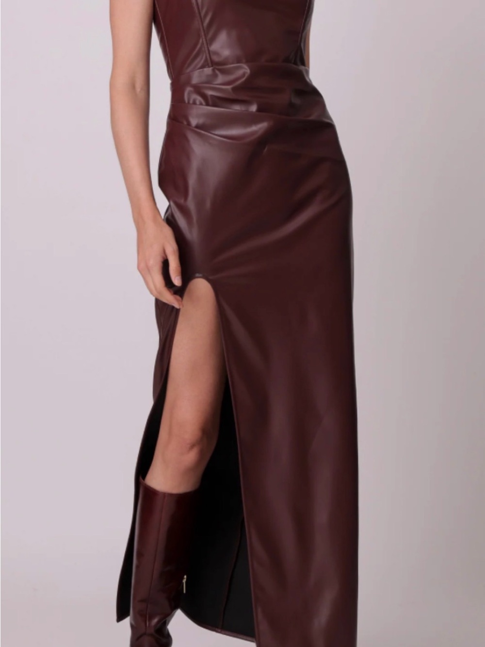 NWT line and dot Women's Faux Leather Maxi Skirt with Side Slit - oxblood
